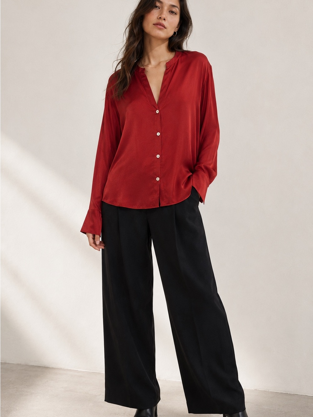 Vince Red Button-Front Silk‎ Blouse